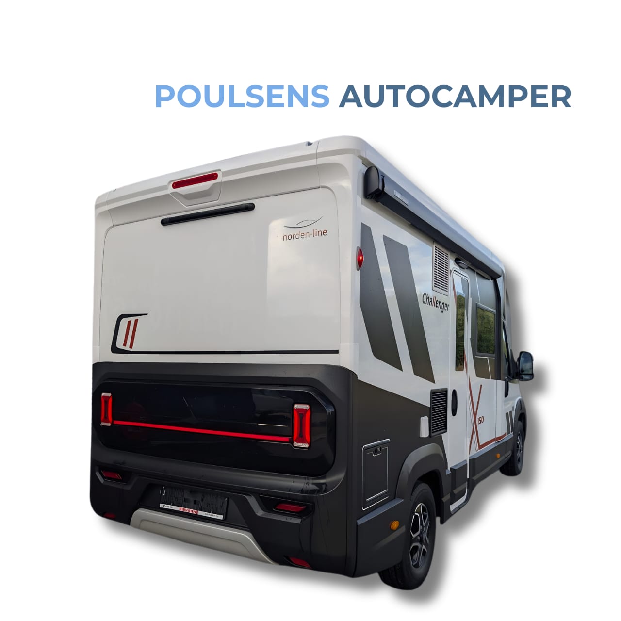 Vue arrière du camping-car compact Challenger X150 2025, carrosserie Fiat Ducato, disponible chez Poulsens Autocamper